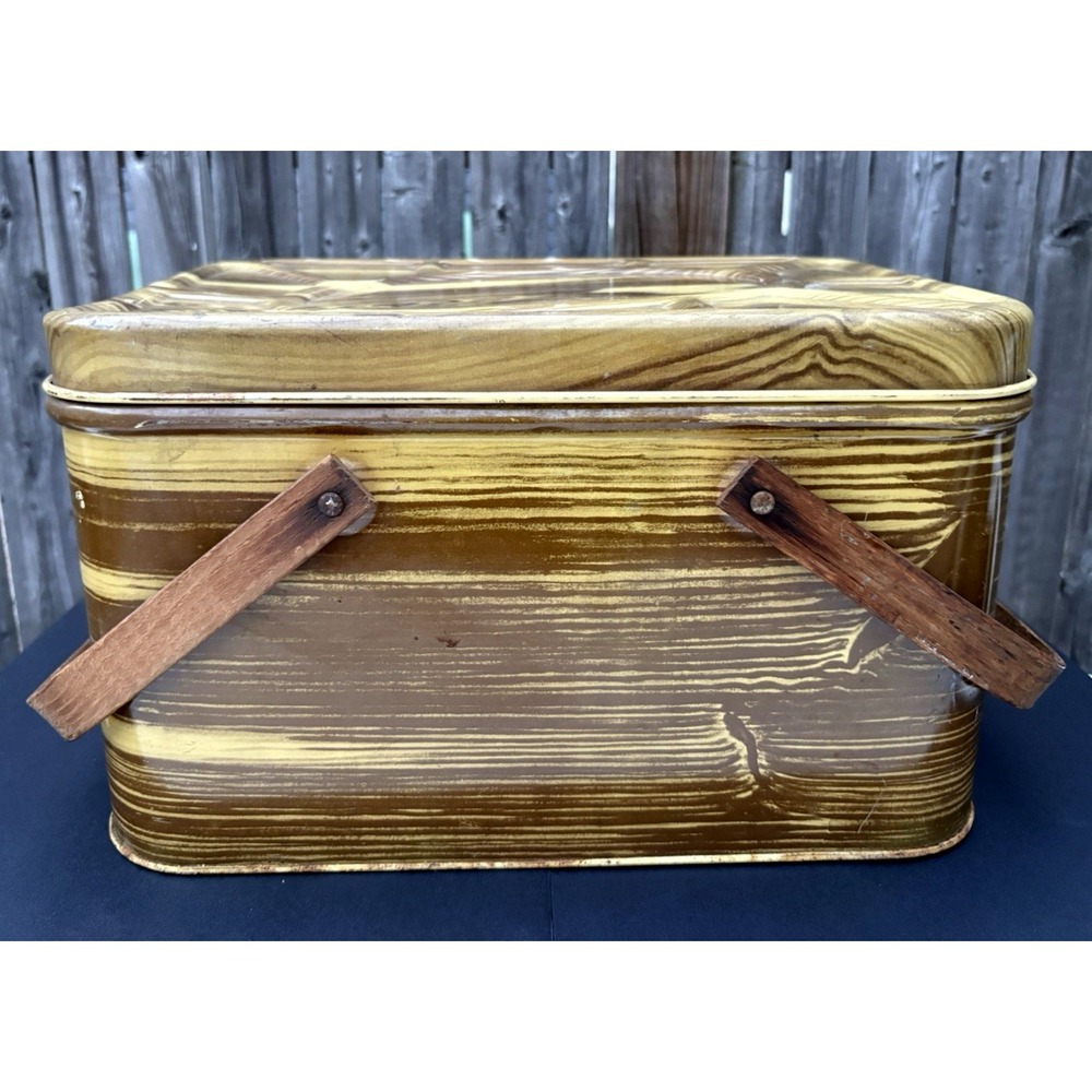 Vintage tin litho wood grain picnic basket hinged lid box wood handles retro - Picture 5 of 8